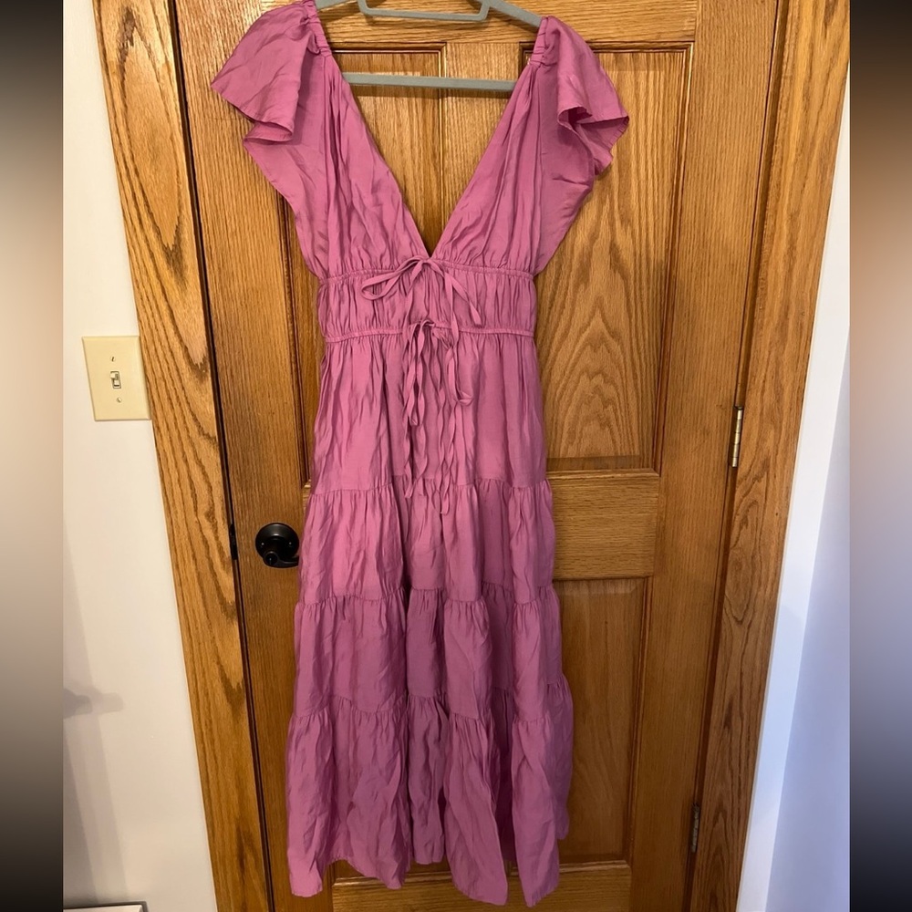 Pink Maxi Sundress with Plunge Neckline and Flutter Cap Sleeves